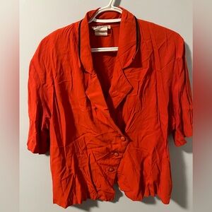 Vintage Red Asymmetrical button up top with shoulder pads, cropped fit